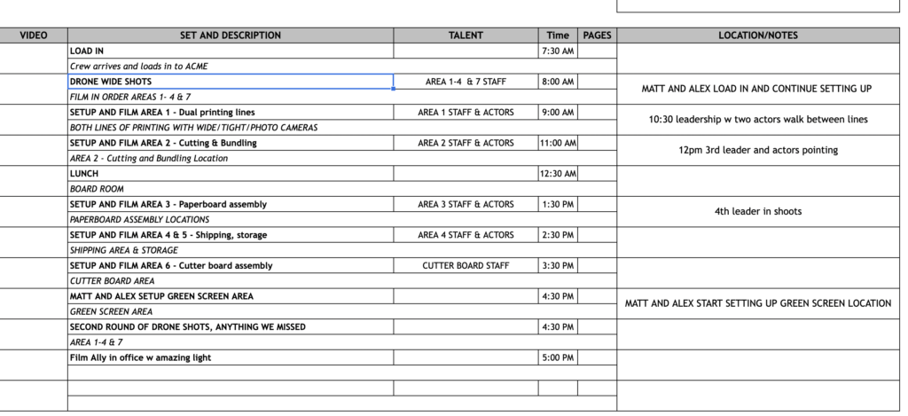 Filming schedule